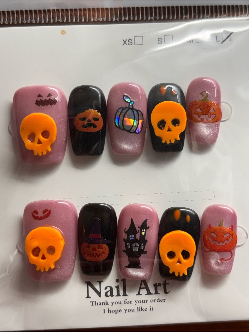 Halloween Press-On Nails for Women - Pink & Black Skull Pumpkin Designs